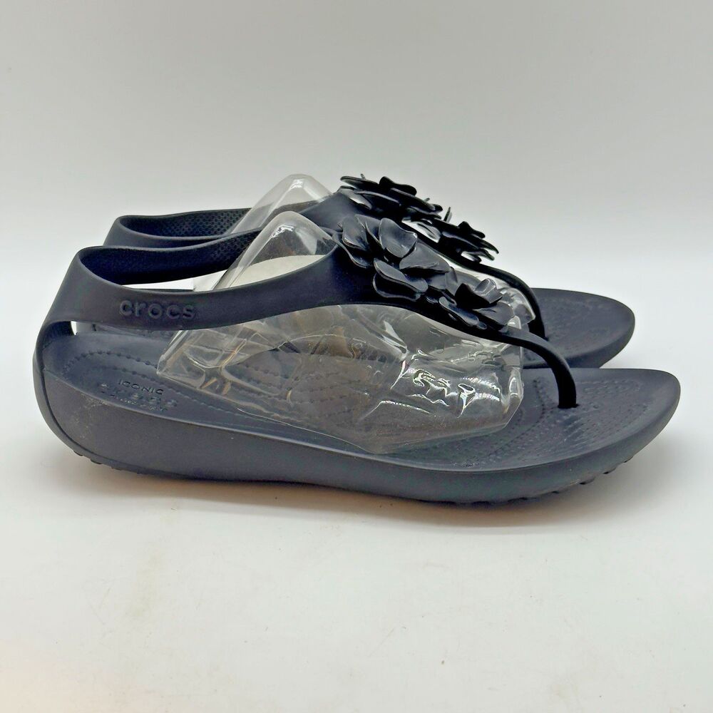 Crocs Sexi Serena Flip Flop Women's 7 Black Floral T-Strap Thong Slip On Sandal